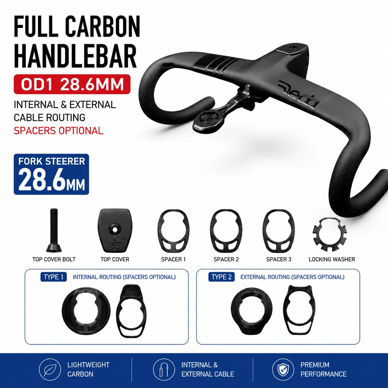 Vollcarbon-Fahrradcockpit mit integriertem Lenker, interne Kabelführung für Rennräder, Di2 & Spacer-Kit, OD1 28,6mm Gabelsteuerung