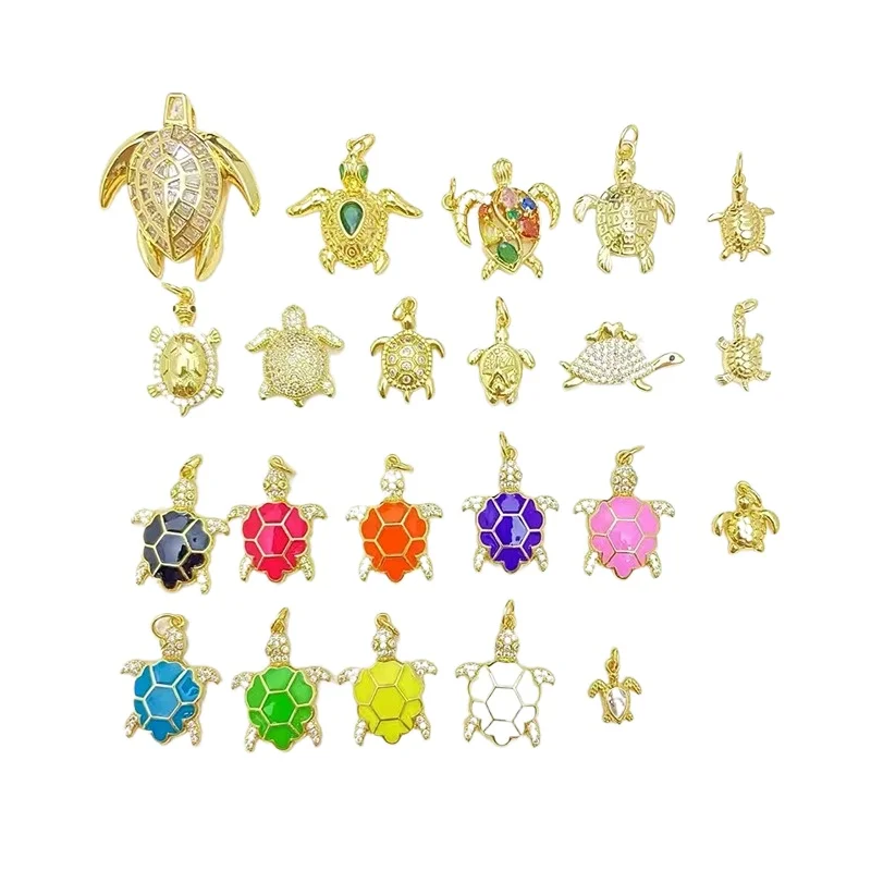 3 Pcs Colorful Enamel Mini Turtle Pendant for Diy Bracelet Necklace Jewelry Making Accessories Inlay Zircon Brass Plated Charm