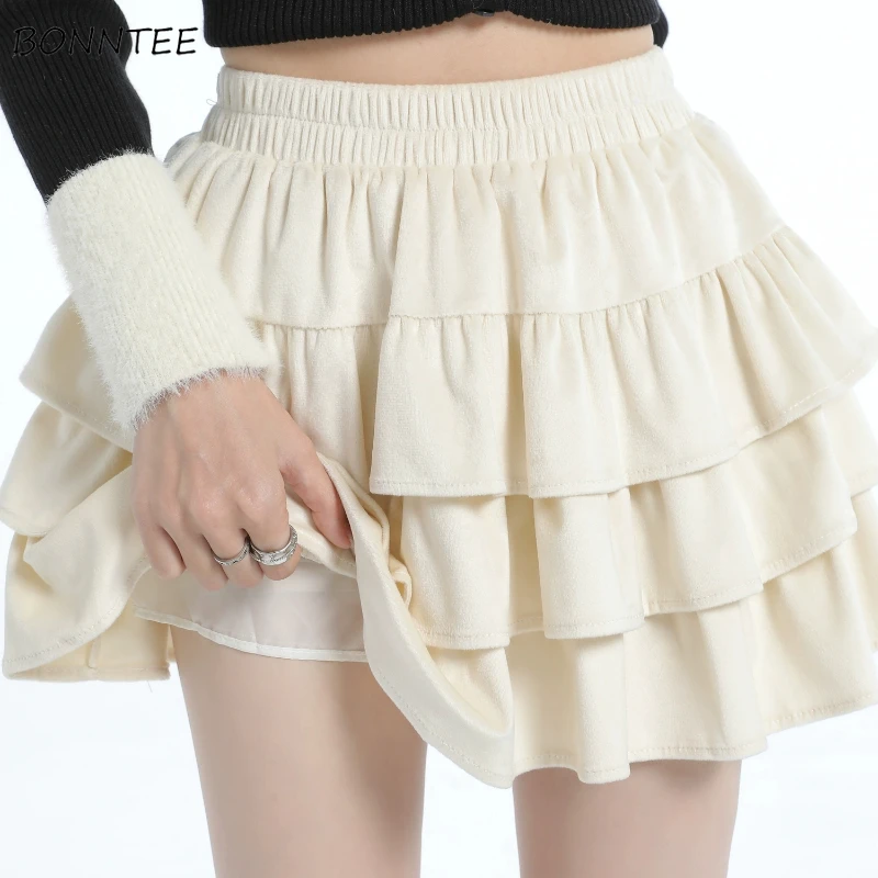 

Puffy High Waist Skirts Women Ruffles Design Casual Ins All-match Korean Fashion Popular Sweet Cute Girls Solid Autumn A-line