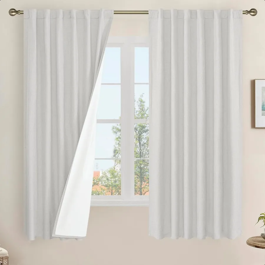 

Светло-серые плотные льняные шторы 100, 63 дюйма, льняные текстурированные термозанавески для спальни, задняя вкладка и карман для стержня, панели из мешковины