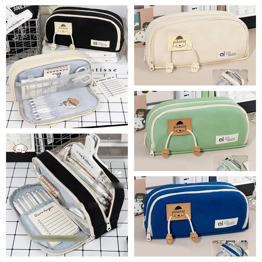 Desktop Storage Canvas Stationery Bag Large Capacity Korean Style Multi Layer Pencil Bag Aesthetic Puppy Pencil Pouch School