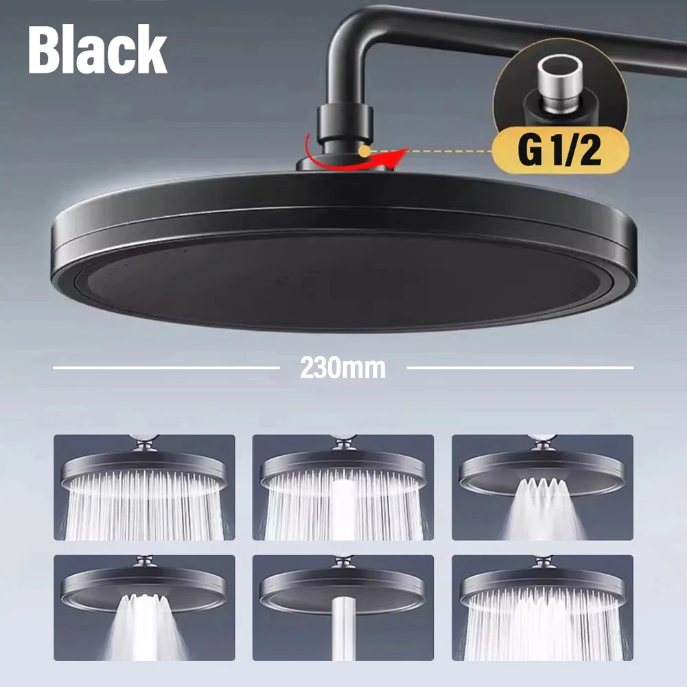 New 6 Modes Large Flow Supercharge Rainfall Shower Head 230mm Round High Pressure Top Spray Rain Showerhead Bathroom Accessories