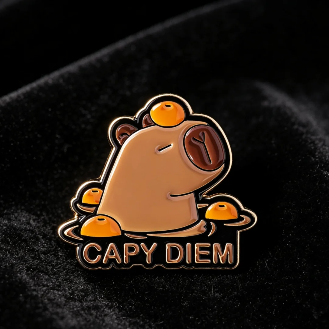 Funny Capybara Enamel Brooch Capy Diem Cartoon Capybara with Oranges Lapel Pin Cute Animal Badge Backpack Clothing Jewelry Gift