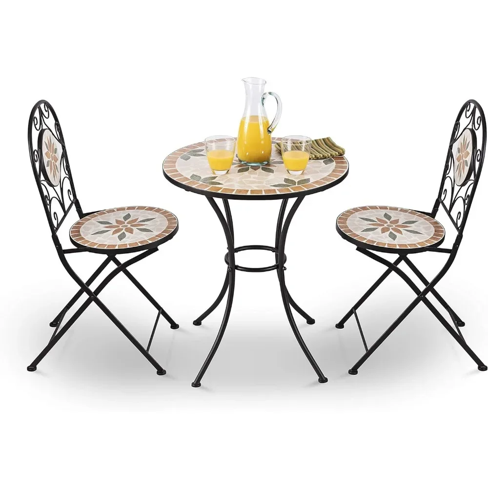 Corporation Indoor/Outdoor 3-Piece Mosaic Bistro Set Folding Table and Chairs Patio Seating, Tan