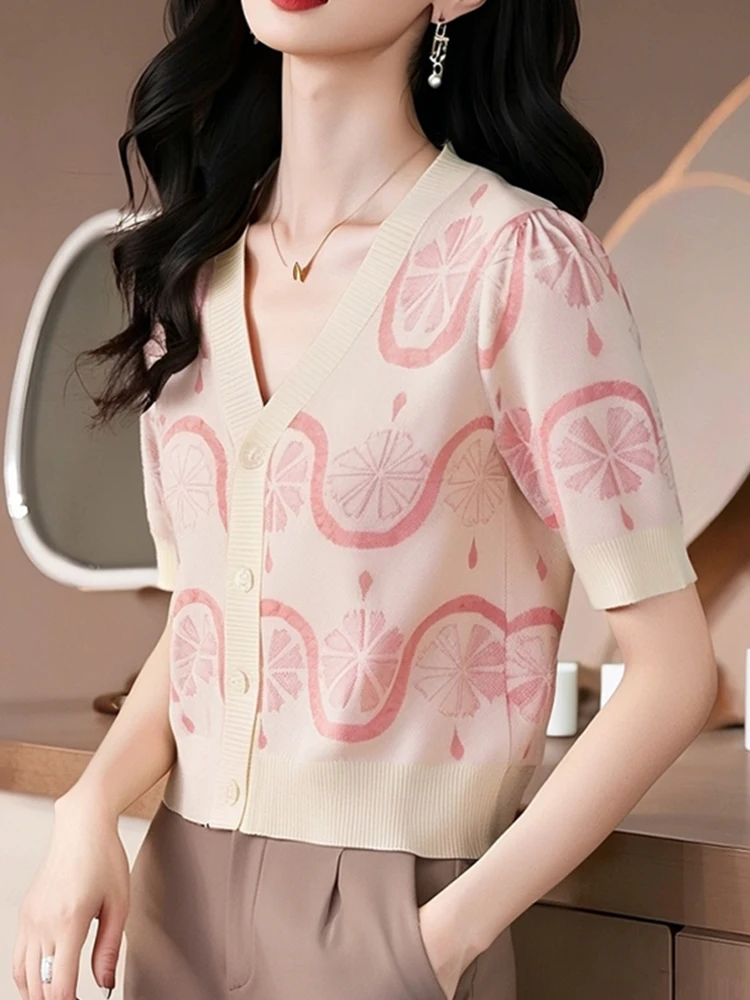 

Summer 2025 Women's Comfortable Ice Silk Knitted ort Sve Printed Top Soft Cozy Design Single Button Open Cardigan irt