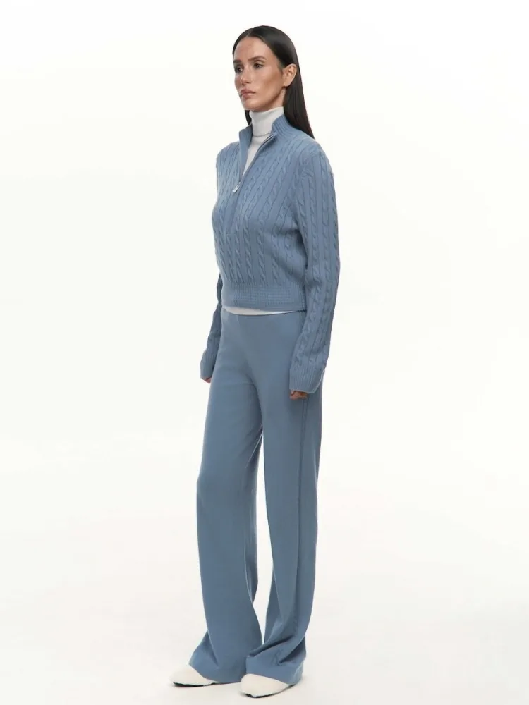 LIinar Zipper Cardigan Set Fall Winter 2026 Knit Cardigan Wide-Leg Pants Casual Loose-Fitting Solid-Color Knit Set for Women