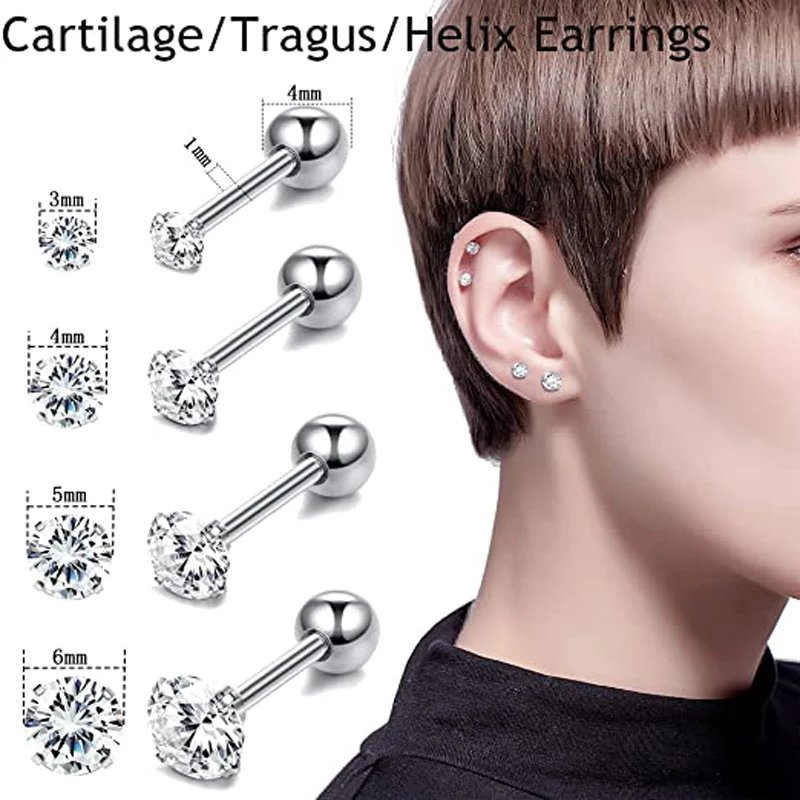 14 Pairs Stainless Steel CZ Stud Earrings for Mens Women Hoop Huggie Earrings Ear Cartilage Tragus Helix Piercing Earrings