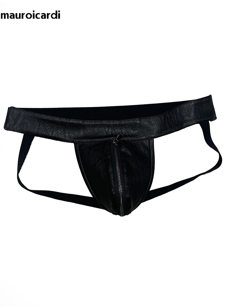 Primavera Verano negro Pu pantalones cortos de cuero para hombres cintura elástica diseñador de lujo Emo estilo Punk ropa interior para hombres Tanga Sexy