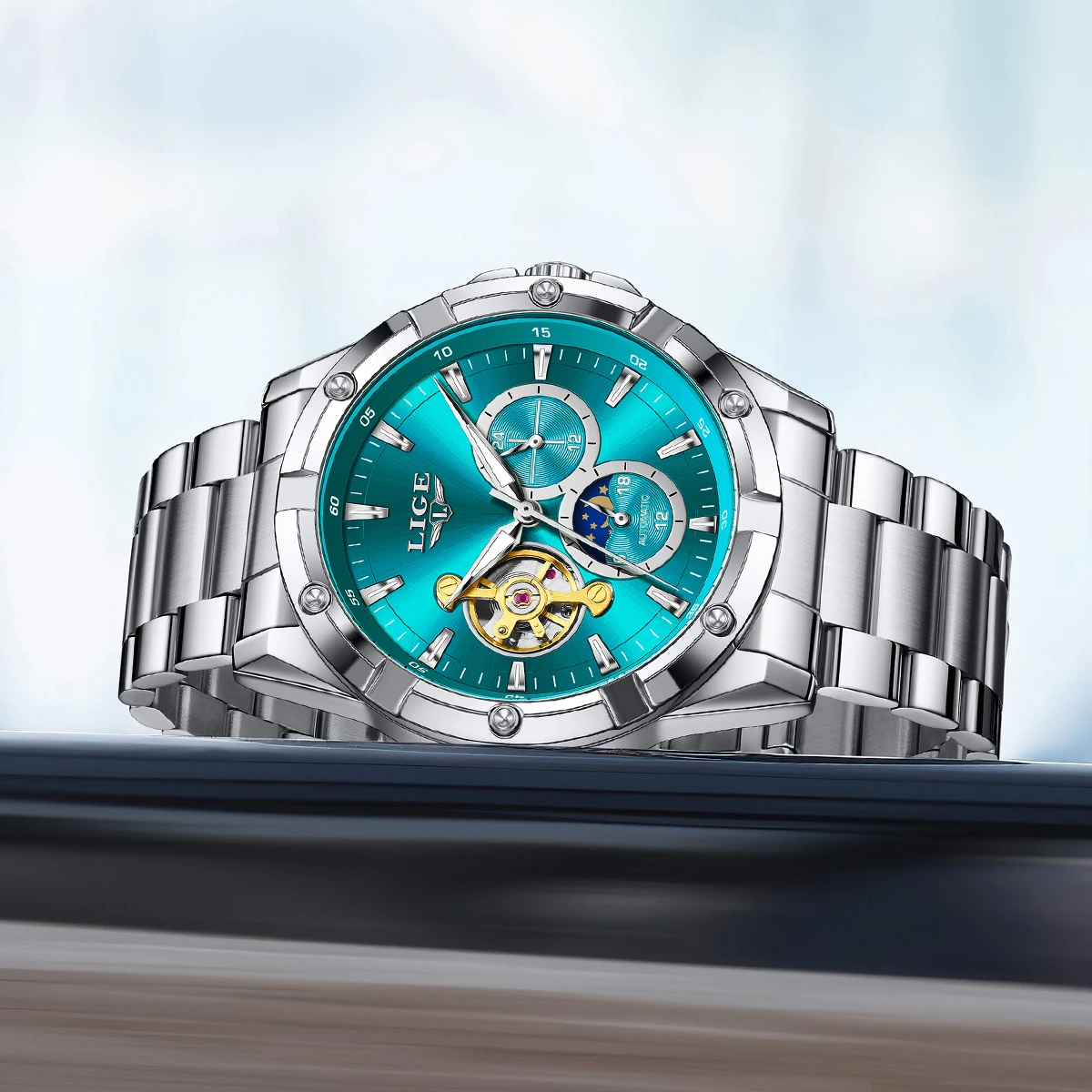 ساعة ميكانيكية فاخرة من العلامة التجارية LIGE بتصميم بسيط كاجوال لمرحلة القمر مقاومة للماء ومضيئة من الفولاذ المقاوم للصدأ للرجال كرونوغراف #3
