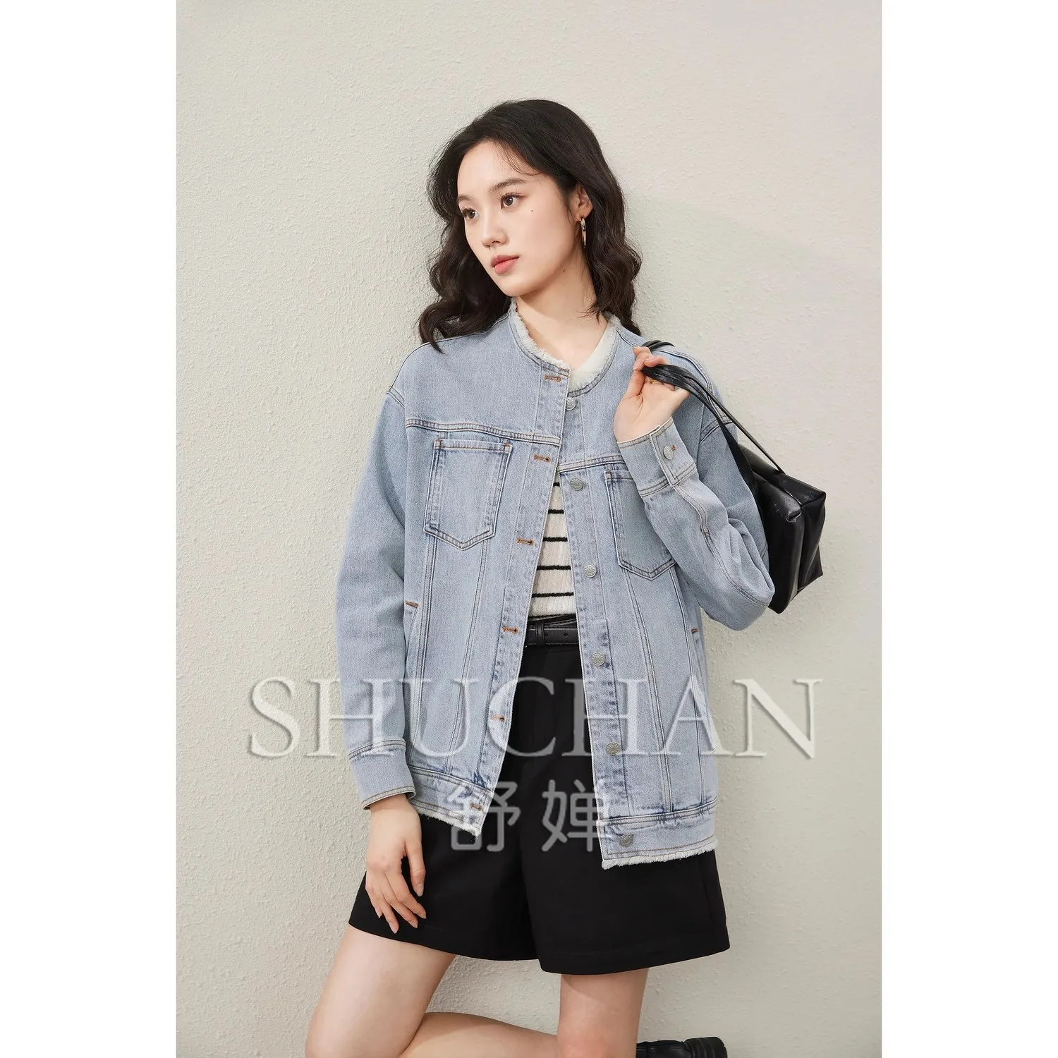 2025 Washed Blue Crew Neck Denim Jacket Spring Casacos De Inverno Feminino  Denim Jacket Women  Casaco Feminino