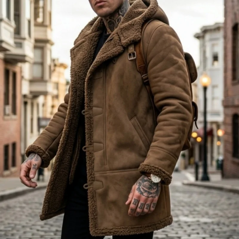 Men’s Winter Outdoor Hooded Jacket Fleece-Lined Faux Suede J