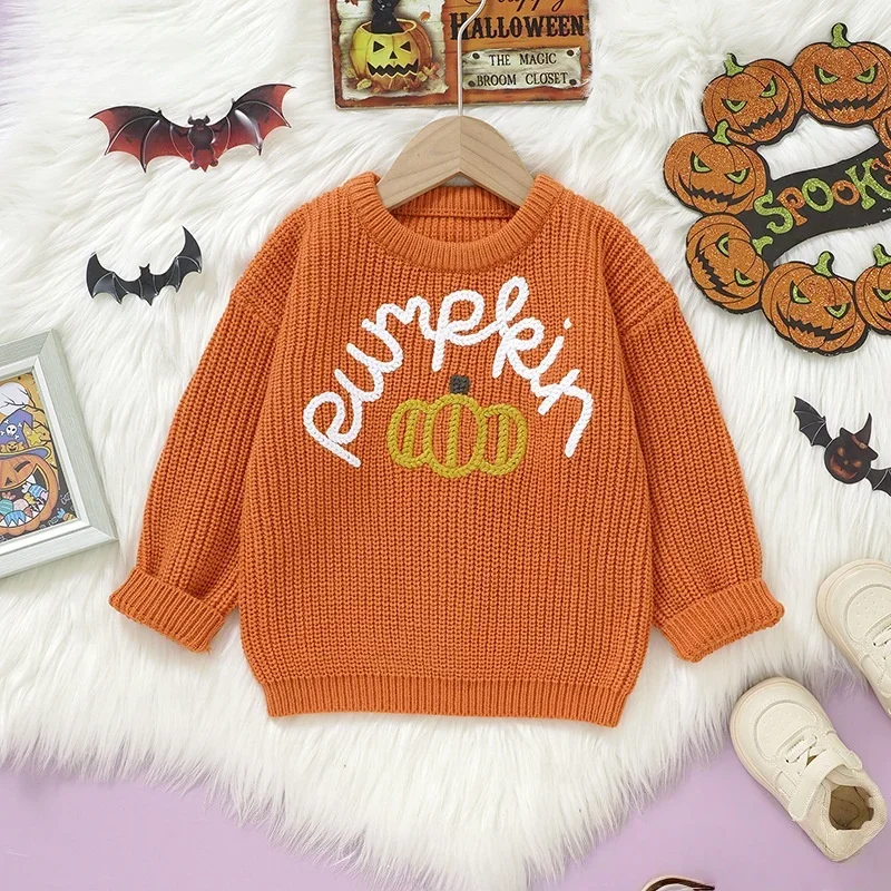

Детский свитер на Хэллоуин от 3 до 6 лет, осенний вязаный пуловер с тыквой и буквенным принтом для малышей, праздничные повседневные свободные костюмы на Хэллоуин