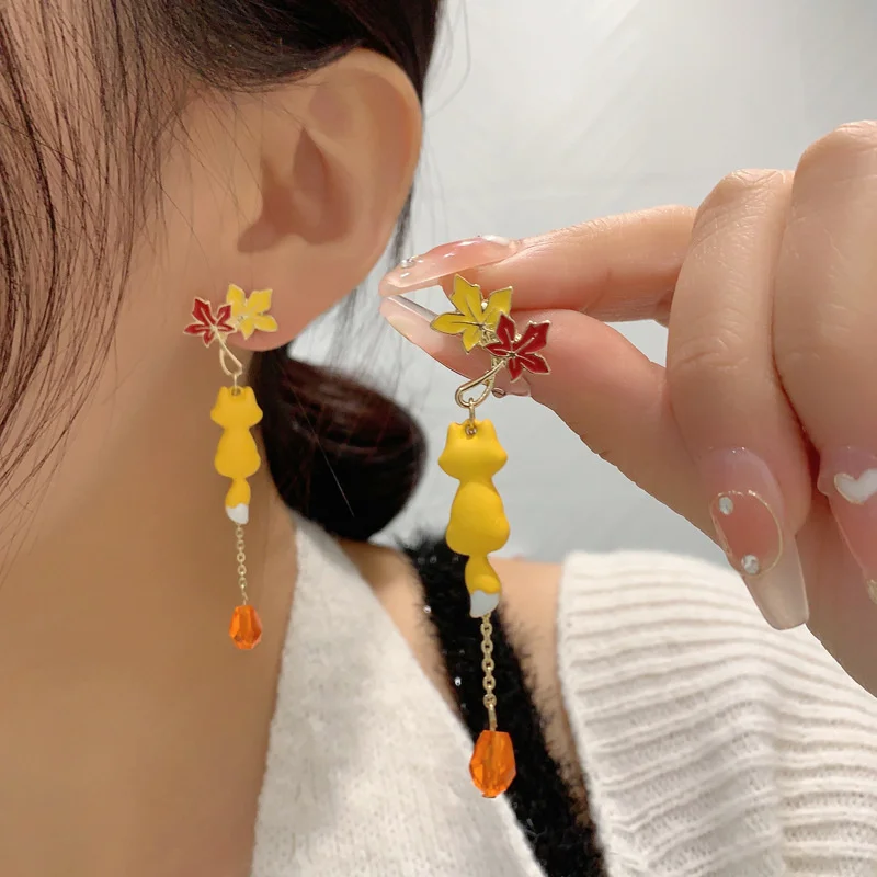 Cartoon Animal Fox Yellow Maple Leaves Earrings For Women Cute Rabbit Crane Kitten Flower Dangle Earring Christmas Party Jewelry