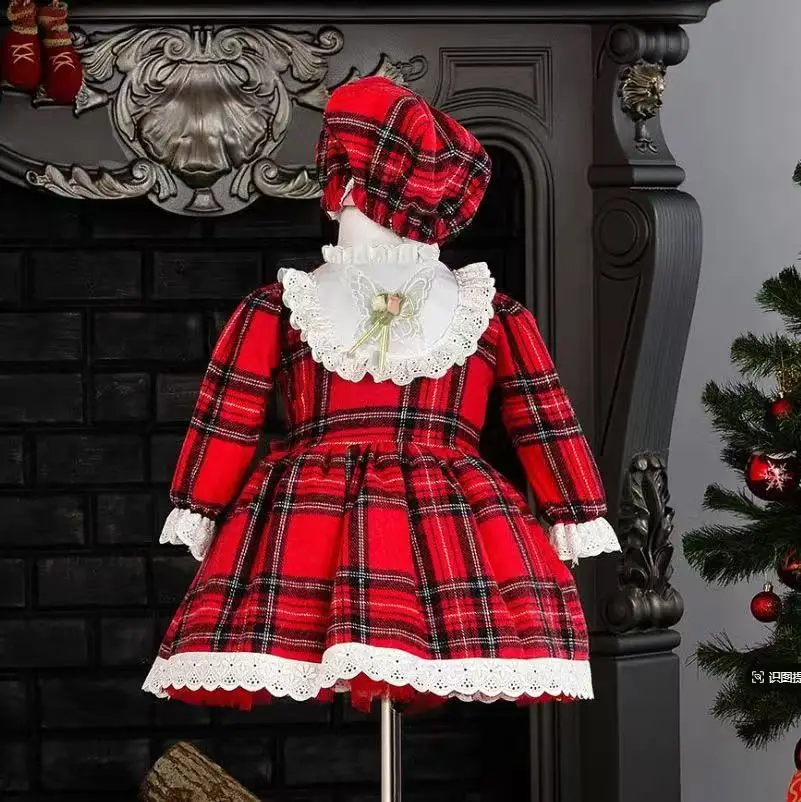 Baby Girl Autumn Winter Christmas Red Plaid Vintage Spanish Pompom Ball Princess Dress Cotton Lolita Party Clothes Hat Pants