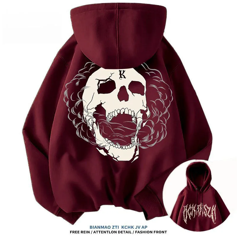 American Street Trendy Brand Skull Element Printed Fashion Trend Hoodie High Street Men's Casual Loose Hoodie With Hat - Image 3