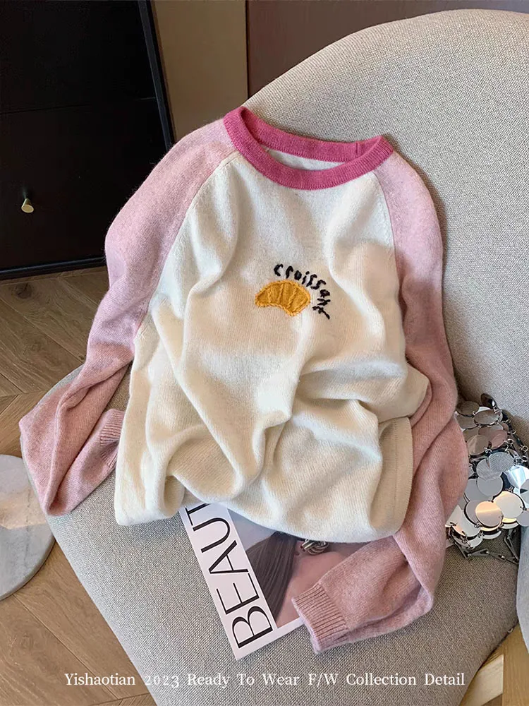 Preppy Style Sweet Kawaii Sweater Mori Girl O-Neck Knitted Pullover Embroidery Letter Print Korean Fashion Jumper Autumn Winter