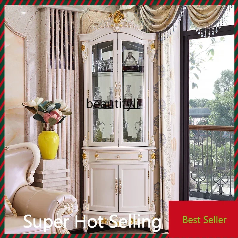 

K132 Solid Wood Triangle Wine Cabinet European-Style Living Room Ivory White Corner Cabinet Wall Wine Cabinet Glass Door