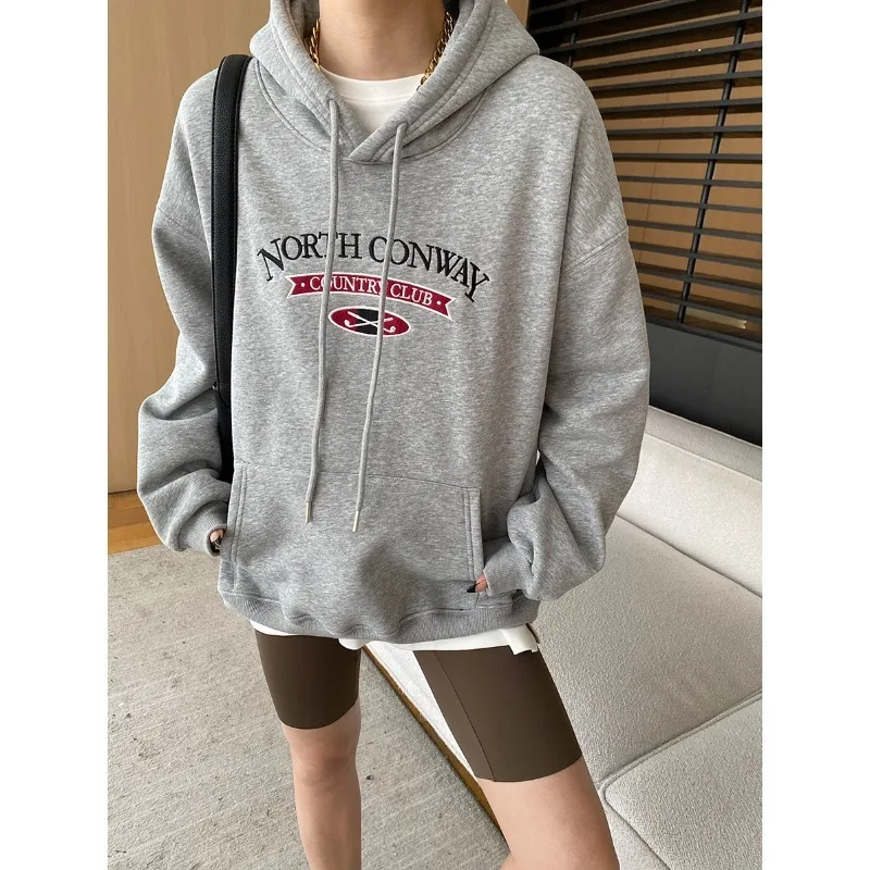 Sinan Street Head Tone Blogger Style American Embroidery Letter Casual Loose Hoodie With Velvet SN6832