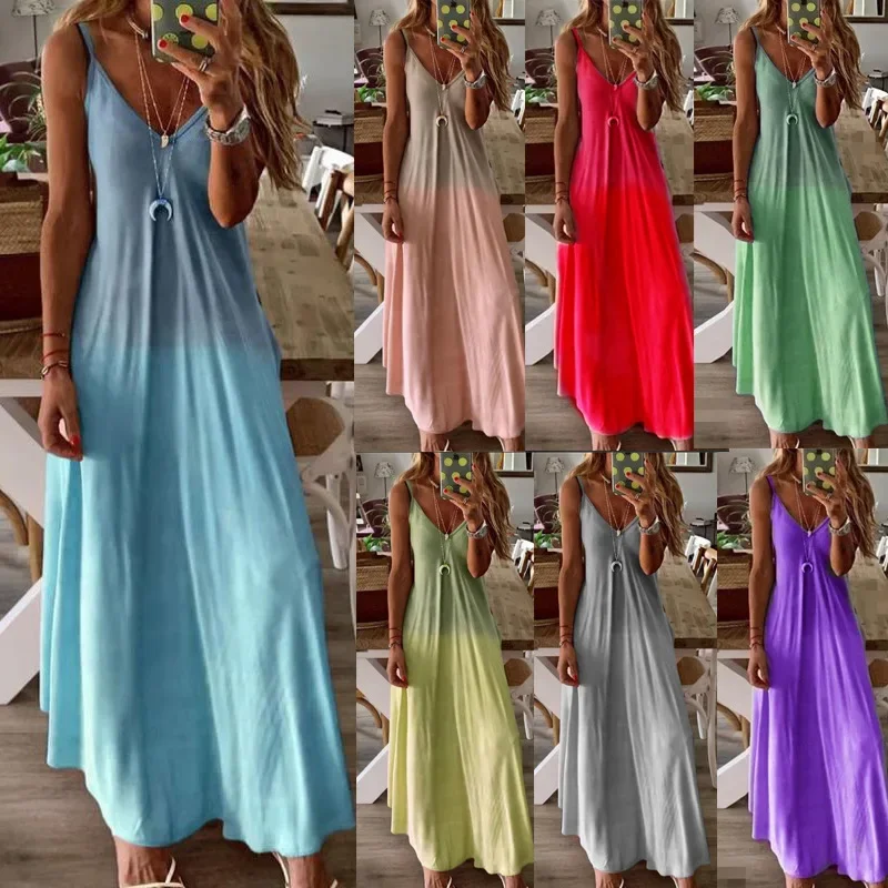 Women's V-Neck Long Dress, A Version, Loose, Large Strap, Sexy, Summer, 2023