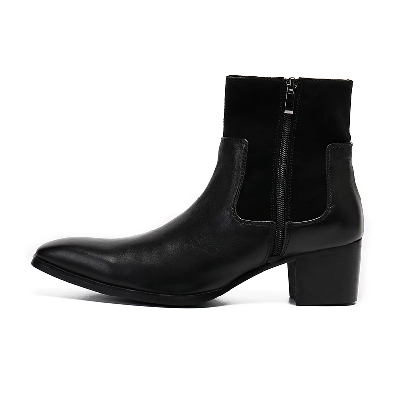 Spring and Autumn New Men's High Heels Top Leather Double Zipper Boots Middle Heel Men's Boots Black Formal Party