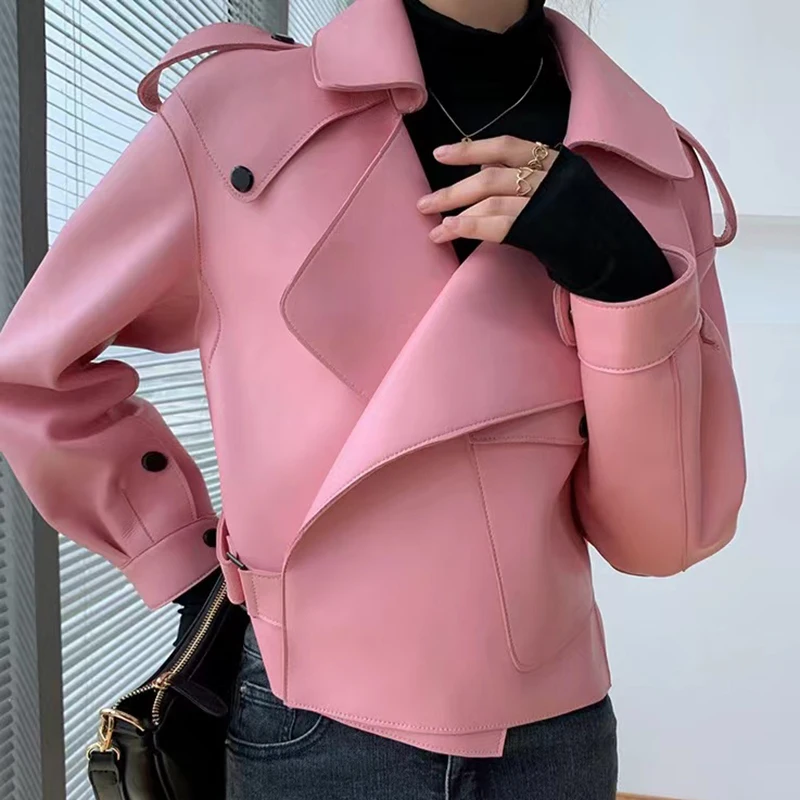 Manteau en peau de mouton pour Femme, Veste ample courte, grande taille, grande poche à revers, gris/vert foncé/rose/kaki, Locomotive en cuir