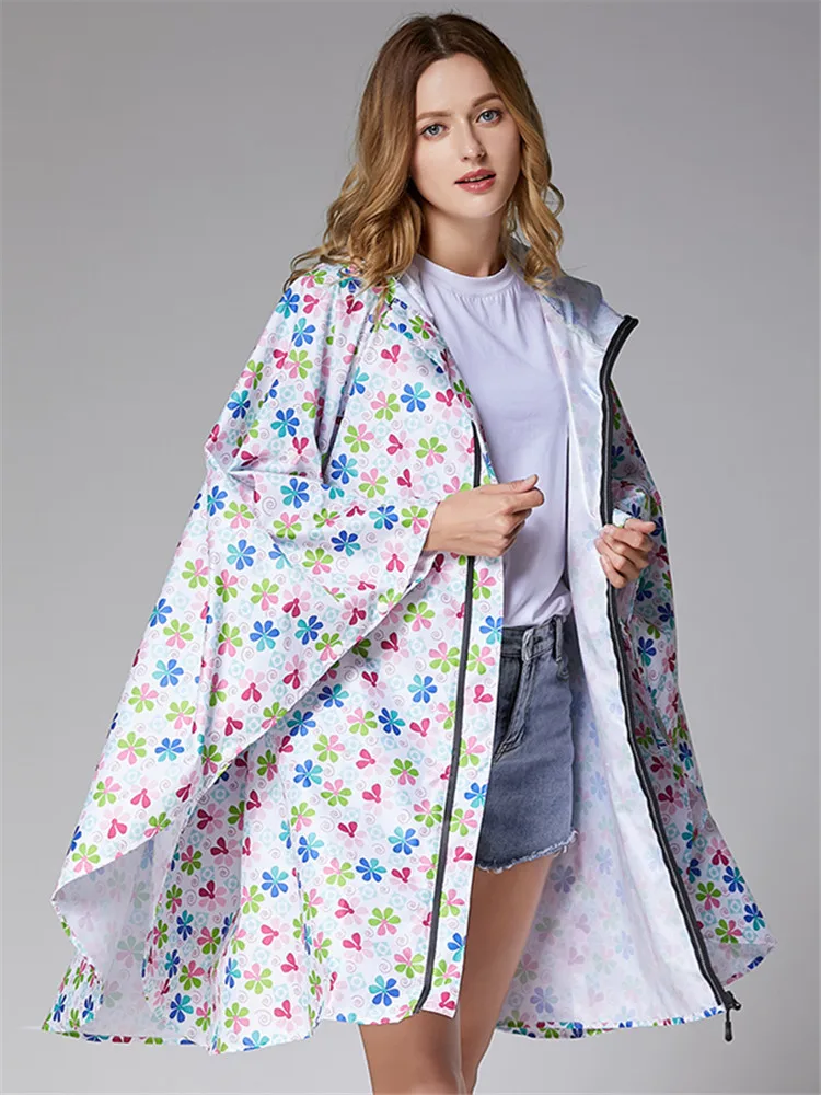 Floral Hooded Raincoats for Women, Waterproof Rainwear, Outdoors Rain Coat, Poncho with Zip, Cloak Trench, Female Clothes