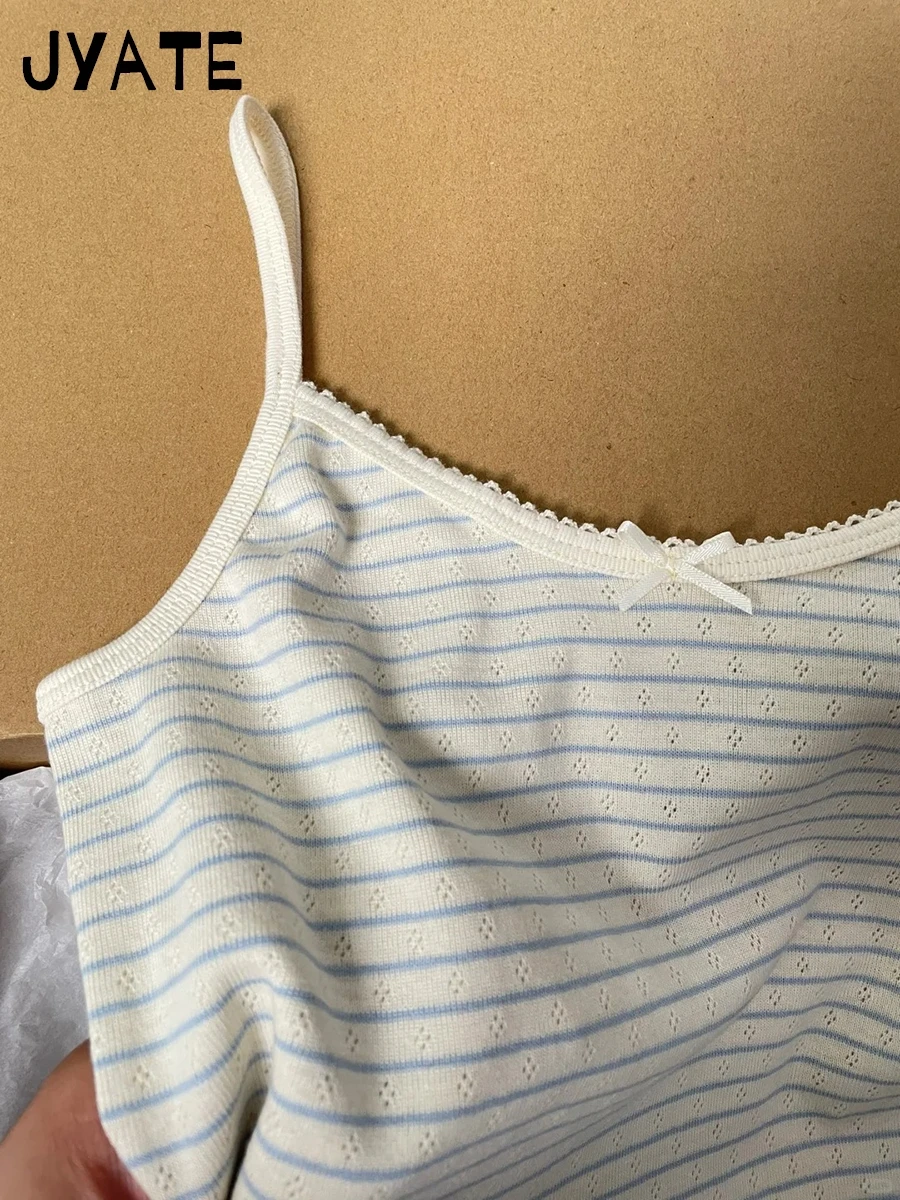 American Blue Striped Hollow Out Tank Tops Women Summer New Cotton Bow Lace Trim Sleeveless Vests Sweet Cute Vintage Camis Y2K