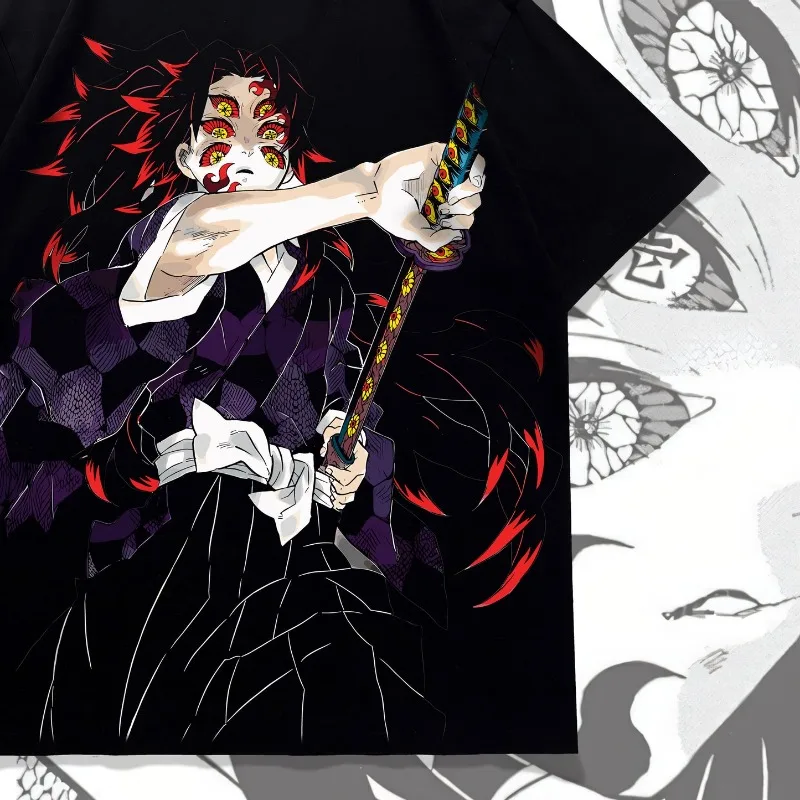 Anime Samurai Double Sided Print T Shirt, Multi Eyes Demon Manga Character Oversized Tee, Unisex Black Streetwear Short Sleeve