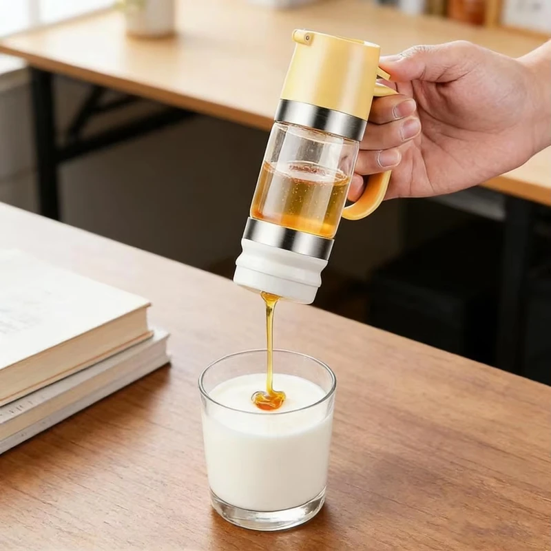 Clear Glass Honey&Maple Syrup Dispenser 300/350ml With Handle Prevent Dripping Press Honey Jar for Coffee Bar Breakfast Pancakes