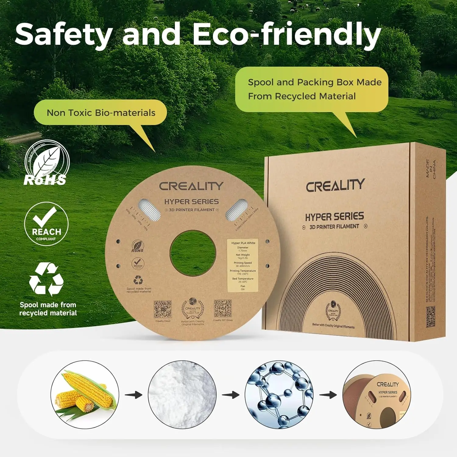 Creality 2 Pack Hyper PLA Filament 1.75mm 2kg 3D Printer Filament Better Fluidity Faster Cooling High-Speed Printing Dimensional Accuracy +/-0.02mm Print Speed ​​300mm/s 3D Printing Materials
