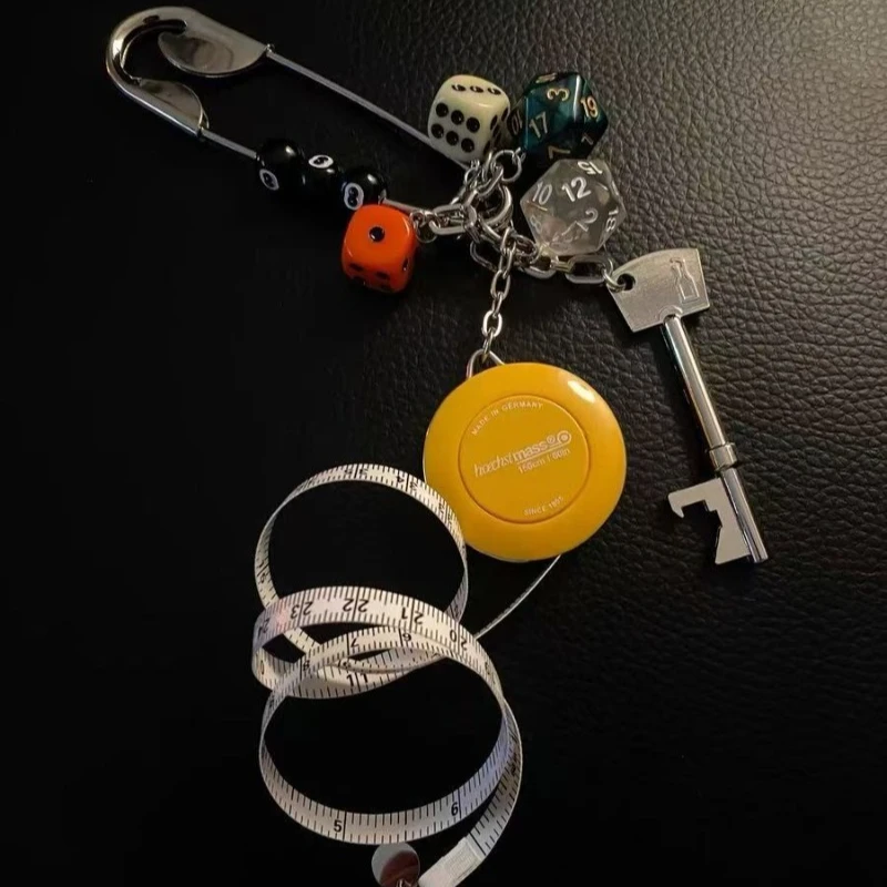 Harajuku Punk Safety Pin Keychain Vintage Dice Tape Measure Pendant Key Ring for Men Women Goth Grunge Bag Charms Pants Chain