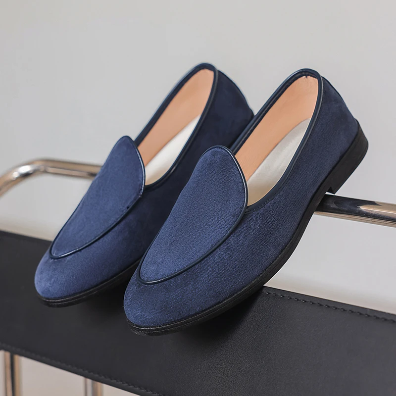

HKDQ Fashion Blue Men's Leather Loafers Slip on Business Shoes Driving Shoes Men Non-Slip Comfortable Suede Casual Shoes For Men