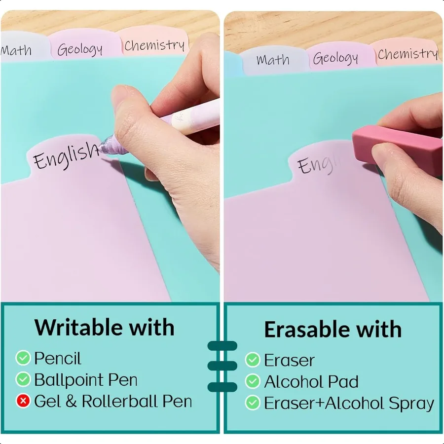 8 علامات تبويب بلاستيكية طويلة الأمد محو علامات تبويب كبيرة فواصل لـ 3 حلقات الموثق فواصل الباستيل اللطيفة الجمالية للطلاب