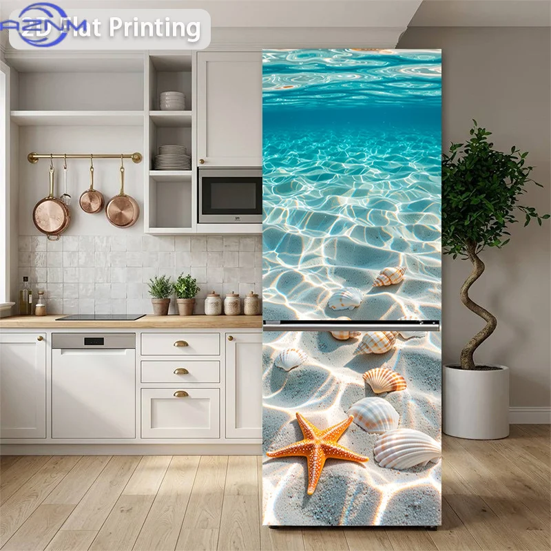 [Printing] Refrigerator Sticker 60 X 180 Cm, Blue Sea Sand Lying Shells And Stars Theme Design, Wall Sticker Decor Wallpaper S