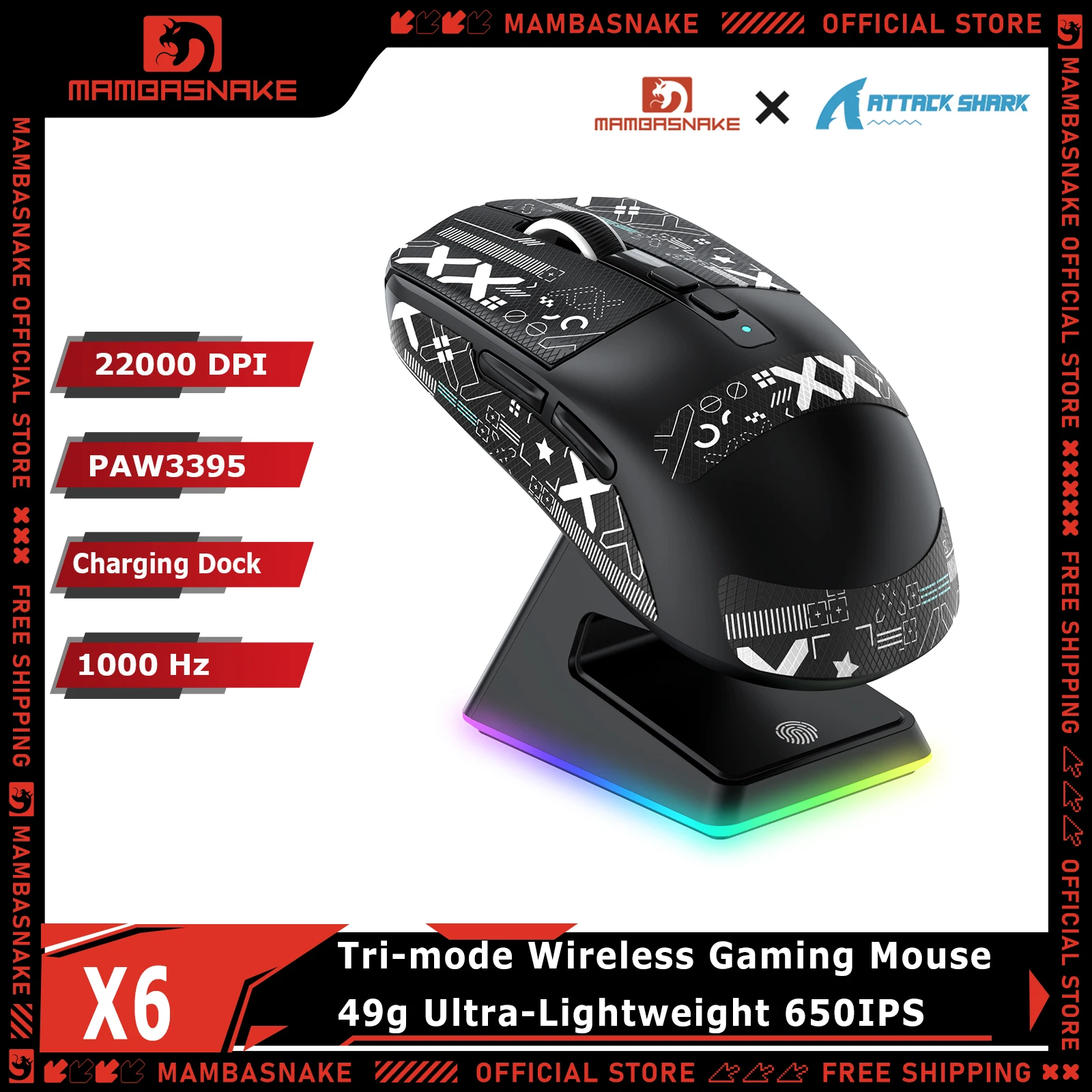 mambasnake-x-attack-shark-x6-tri-mode-gaming-mouse-49g-ultra-light-paw3395-sensor-26000dpi-rgb-magnetic-charging-dock
