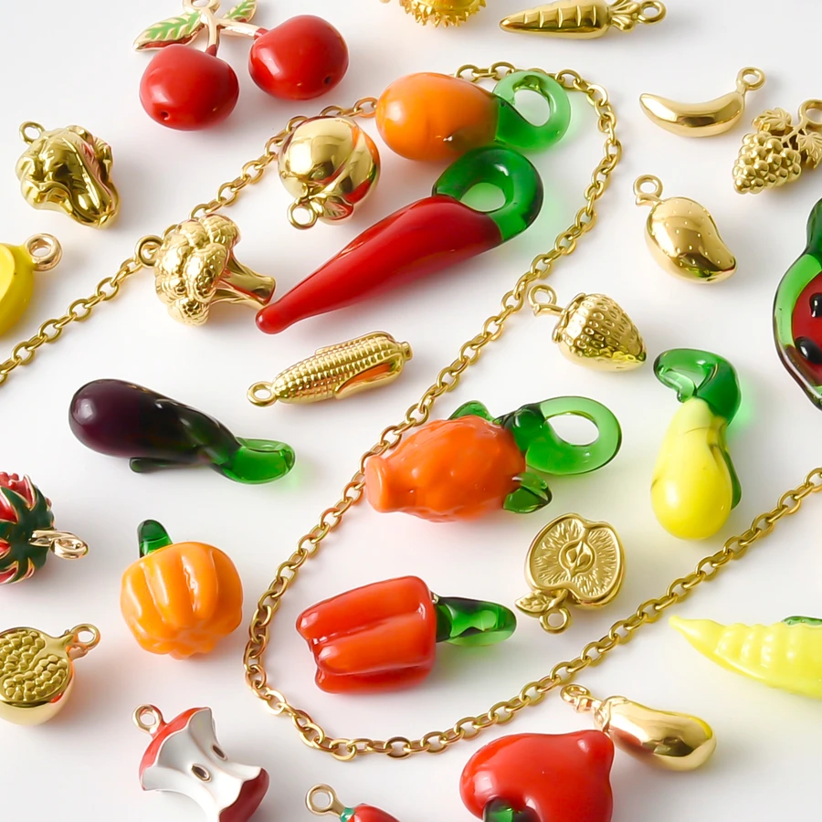 Real Gold Plated Stereoscopic Fruits/Food Pendant 316 Stainless Steel Pepper Eggplant Banana Apple Charm For Jewelry Making Bulk
