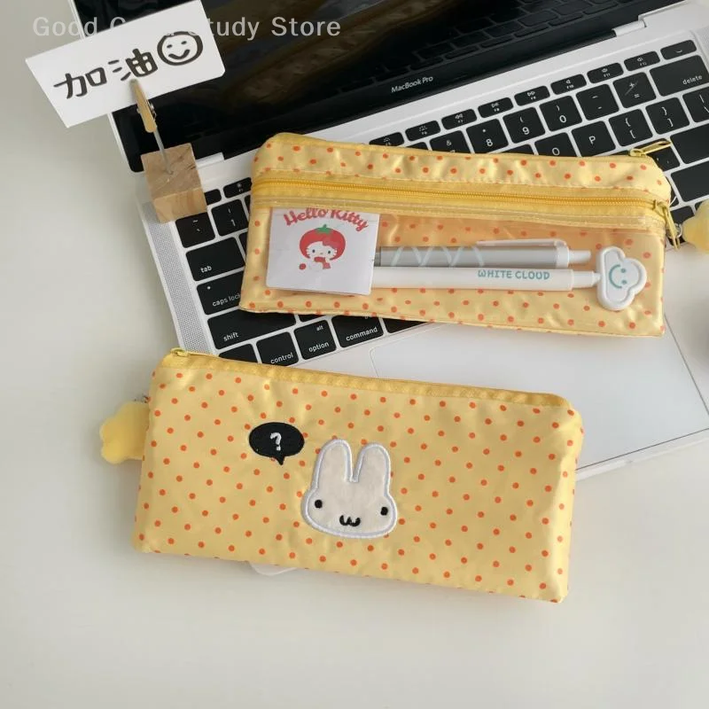 1Pc Cute Milk Yellow Polka Dot Rabbit Pencil Case Mesh Multilayer Pen Bag Large Capacity Stationery Bag For School