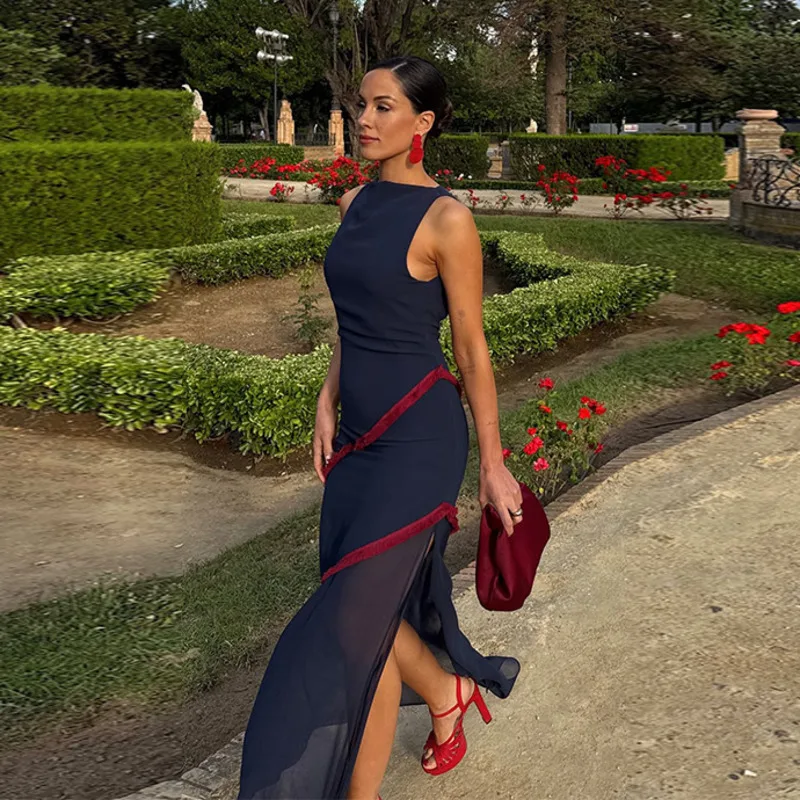 Robe mi-longue sans manches pour femmes, élégante, dos nu, Sexy, moulante, maille, Patchwork, haute rue, longue, fente haute, Chic