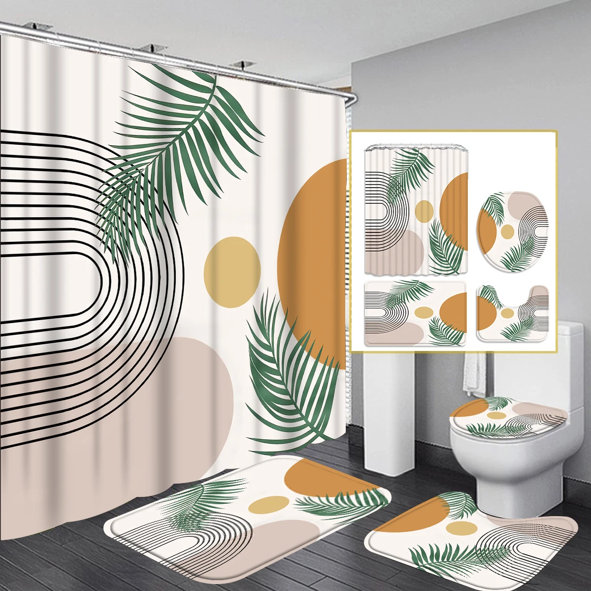 1/4 Piece Shower Curtain Set, Waterproof Bathroom Partition Curtain with Hooks, Anti-Slip Bath Rug, U Shape Mat, Toilet Seat Cov