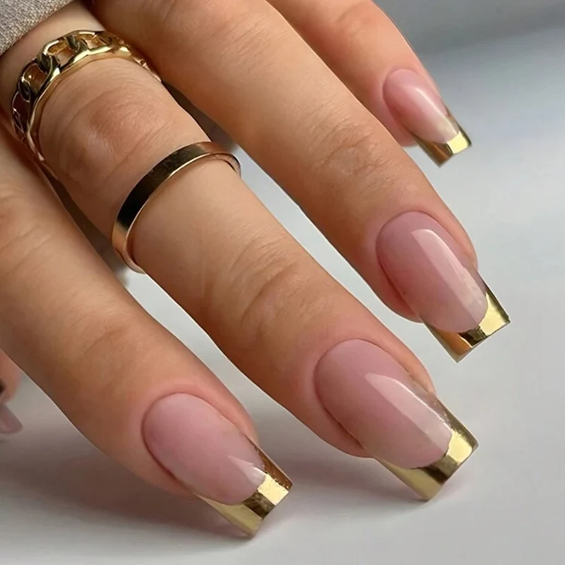 120-Piece Pink Coffin-Shaped French Design Nail Set with Gold Edges, Suitable for Parties, Dancing, or Everyday Wear, Press-On Nail Art Supplies