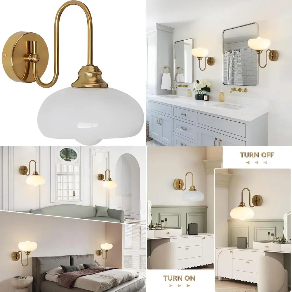 

Vintage Gold Globe Wall Sconce with Brushed Brass Finish and Milk Glass Shade for Bathroom, Bedroom, and Hallway Lighting