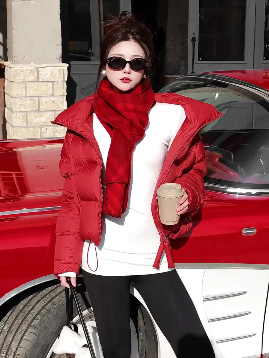 

Red ort Puffer Jaet Women's Winter Thiened Warm Outerwear Du down Bread Sle Casual Loose Fit Zipper ket Design
