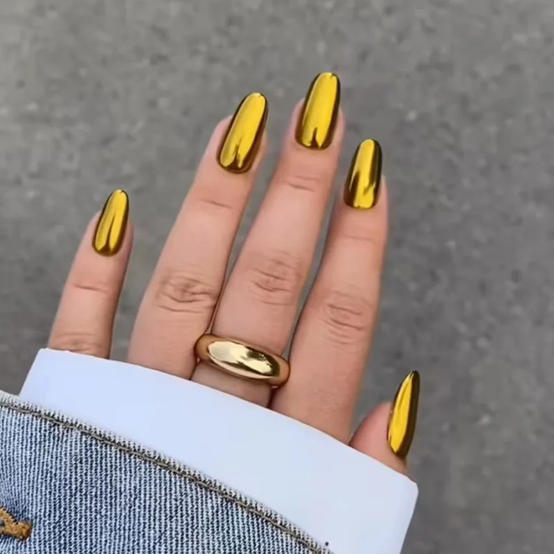 

24pcs Aurora Gold Press-On Nails - Metallic Iridescent Finish Long Oval Shape (Multi Sizes) False Nails With Wearing Tools