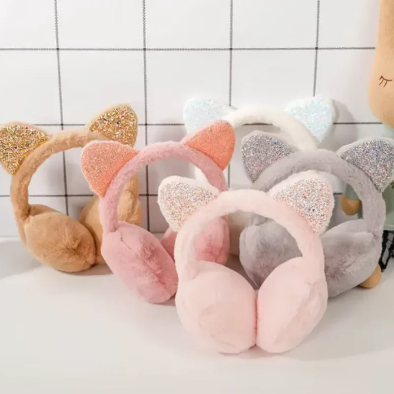 Новые милые зимние теплые грелки для кошачьих ушей, блестящие уши, плюшевые наушники для женщин, игривые наушники для девочек, защита от холода, теплая, хит продаж