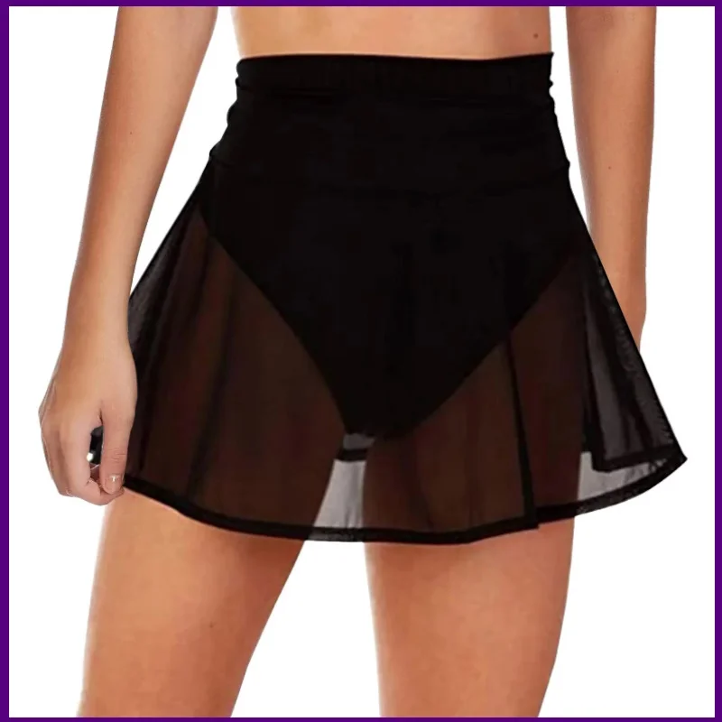 Fato de banho sexy para mulheres, biquíni encobrir, malha saia curta, beachwear translúcido, beachwear de cintura alta