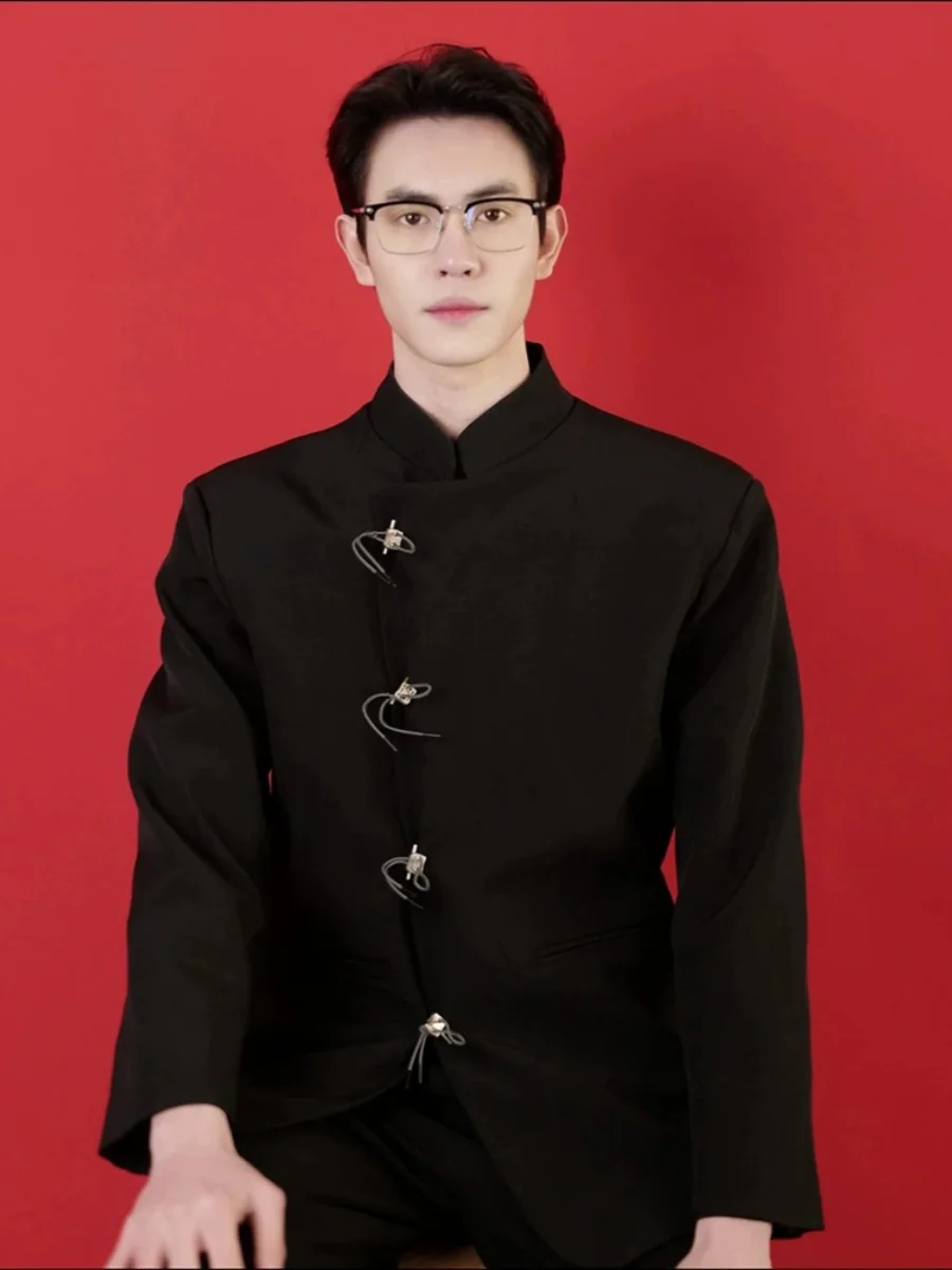

New Chinese Sle Men's Jaet oulder Pads Stand Collar Young Men's Faionable Casual Outerwear Polyester Fiber Long Sve