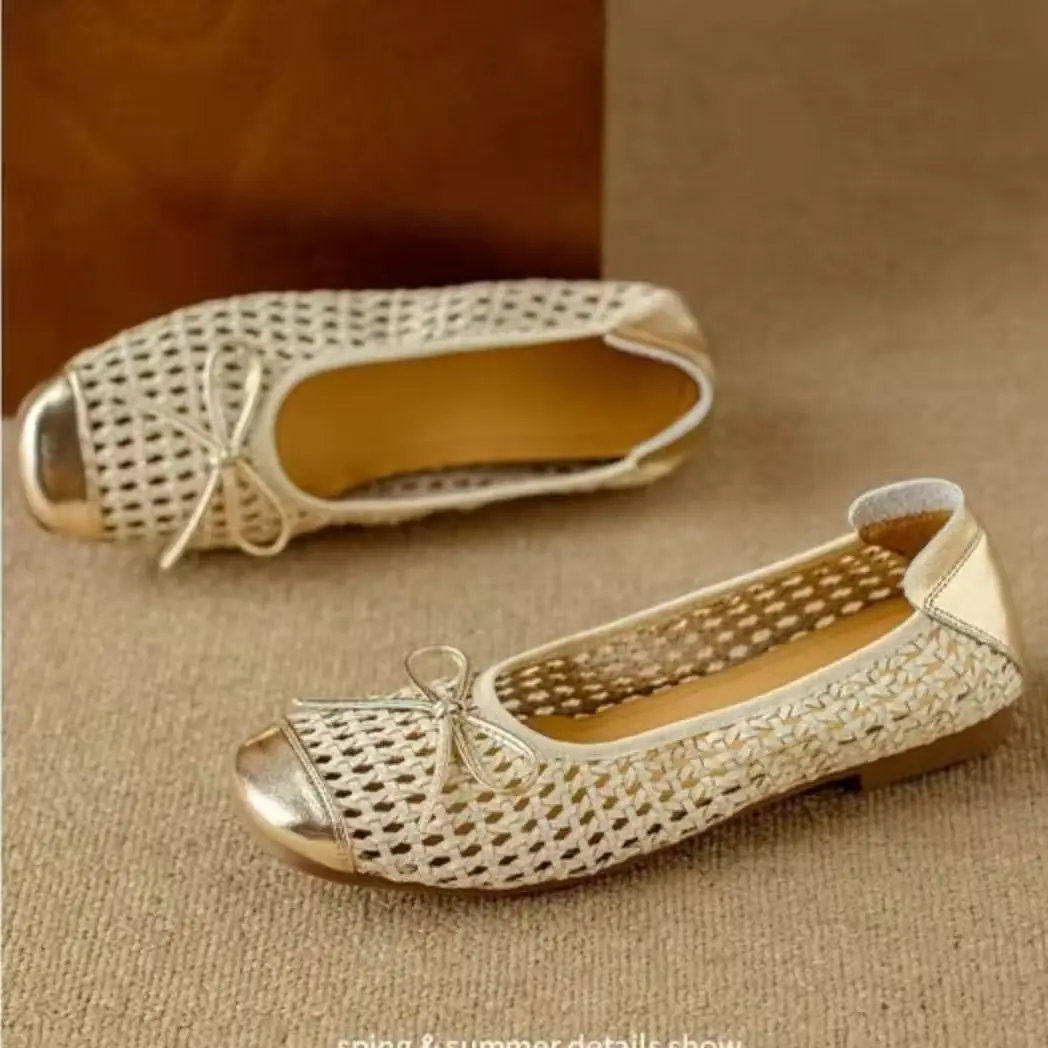 

Women Leather Woven Hollow Out Cave Shoes Summer New Soft Sole Non Slip Shallow Slip On Flat sole Breathable Bowknot Sandals