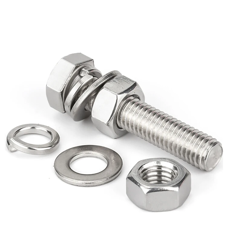 M3 M4 M5 M6 M8 M10~M16 304 Stainless Steel 4 In1 Set Hexagon Screw Nut Flat Washer Spring Washer Set Large Full Extension Screw