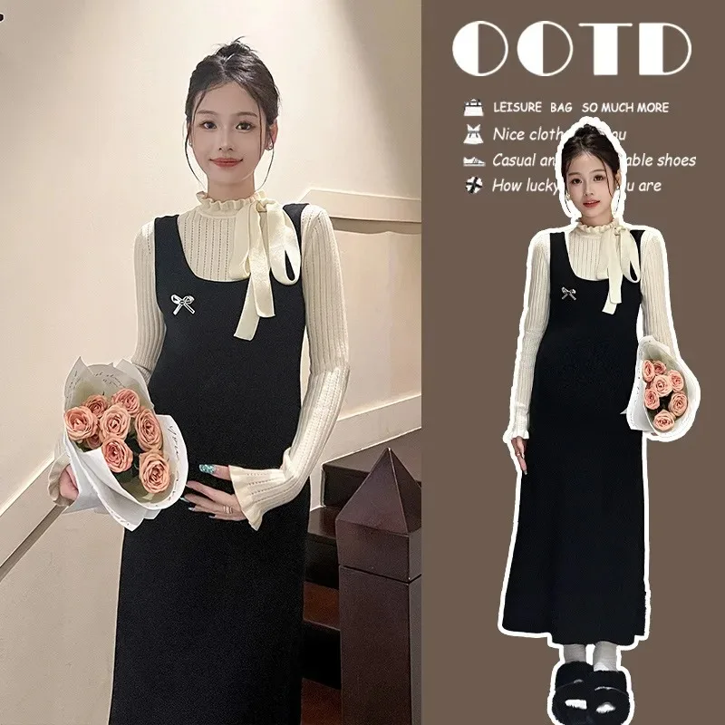 フレンチスタイルの妊娠ドレス秋フェイク二層ニットセータードレスエレガントなマタニティ衣装洗練された快適な