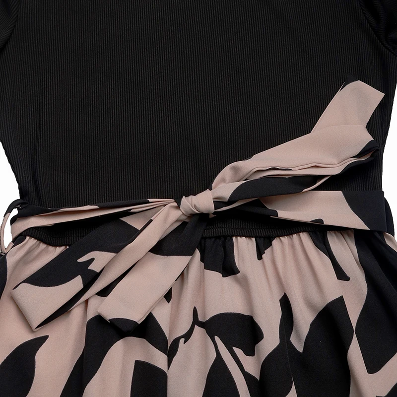 Women's Black Pink Leaf Print Mock Neck Elbow Sleeve Color Block Tie Waist Midi Dress Office Party Casual Daily Fashion Slim Fit